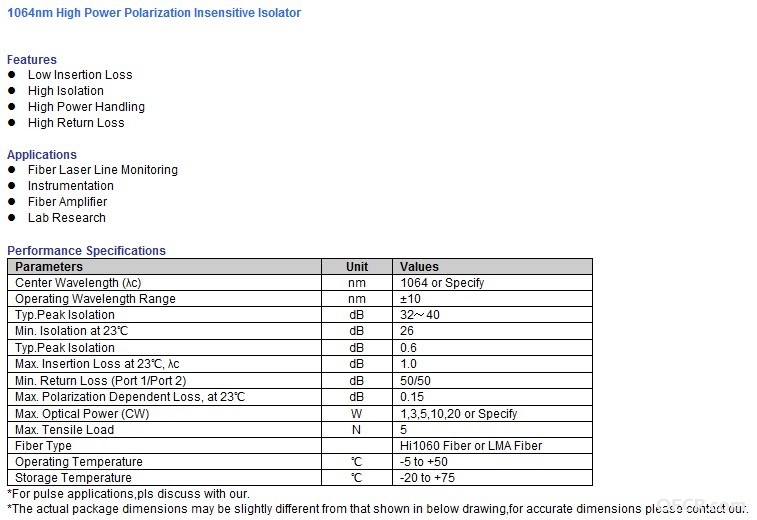 1064nm High Power Polarization Insensitive Isolator