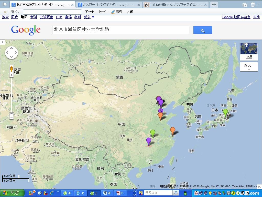 中国范围内进行皮秒激光器研究和生产的科研院所和公司分布地图